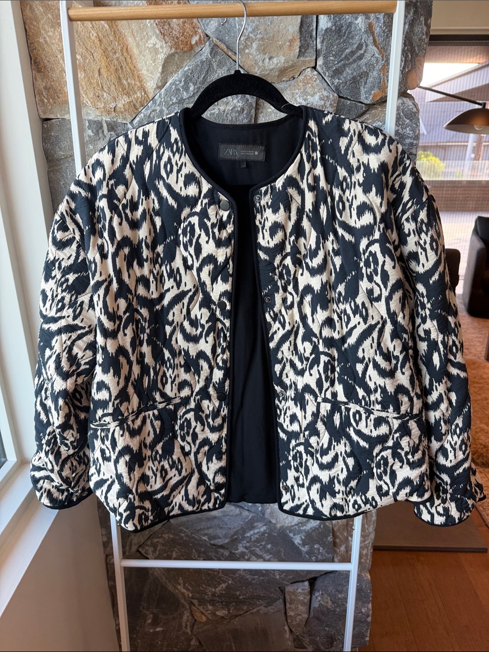Zara Black & Cream Quilted Abstract Bomber Jacket